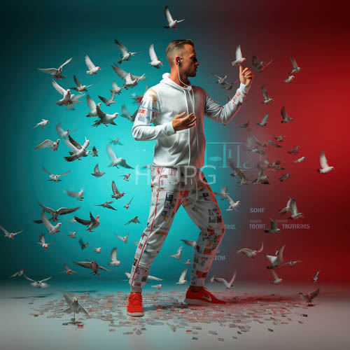 man in red sneakers amidst paper pieces under gradient sky