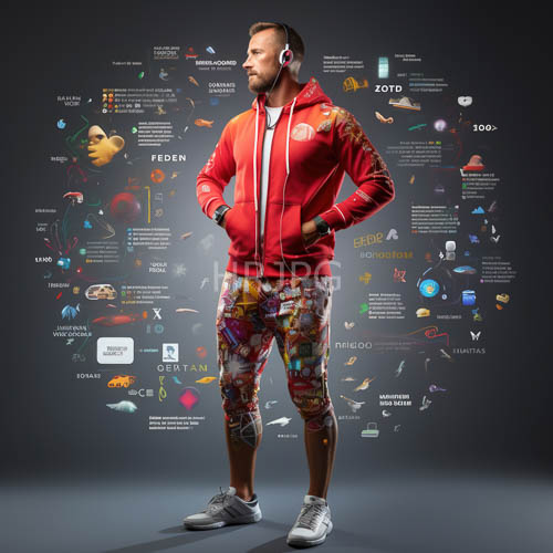 High Resolution: Muscular man sports casual techwear with nostalgic cartoon character leggings in hightech setting download. | HRJPG.com