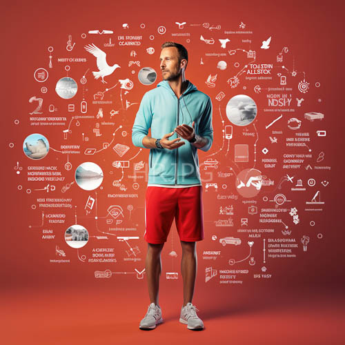 fitness icon composition highlights athletic man against red backdrop