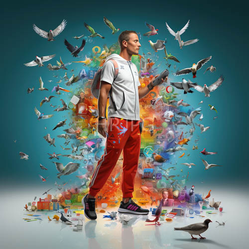 fit man in white adidas hoodie amid energetic urban with flying pigeons and reflective floor