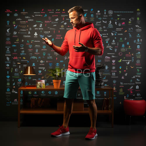 High Resolution: Muscular lightskinned man juxtaposed against black wall amidst colorful tech icons download. | HRJPG.com