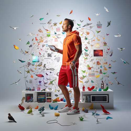 athlete surrounded by frenetic flock of paper cutouts amid modern mural