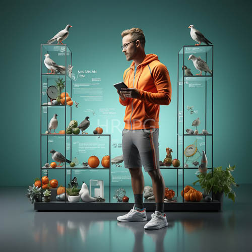 athletic man in modern urban setting with eclectic textures and contrasting colors