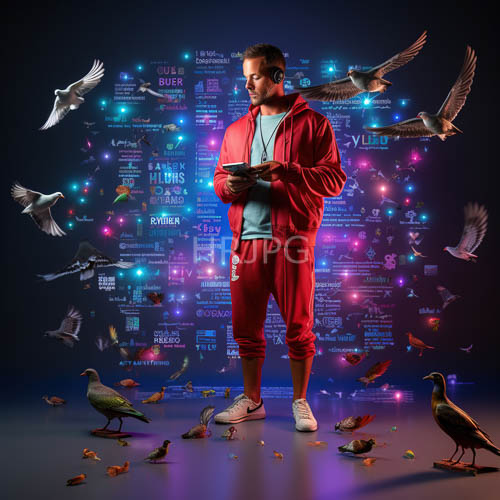 crimson tracksuit hues against inky darkness amplify electric energy of surreal tableau