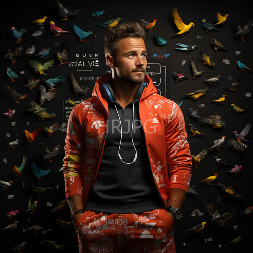 High Resolution: Man in RedandWhite Patterned Jacket Amidst Pinned Paper Birds on Dark Urban Setting download. | HRJPG.com