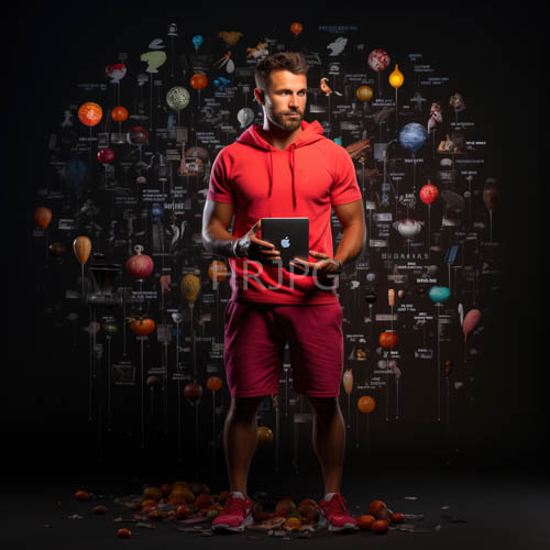 muscular bearded man in red hoodie dominates fitnessthemed balloon backdrop