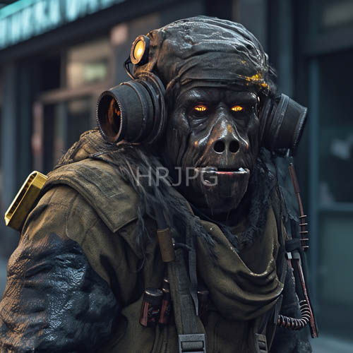High Resolution: Imposing Fierce Anthropomorphic Ape Dominates Urban Landscape with Tactical Gear download. | HRJPG.com