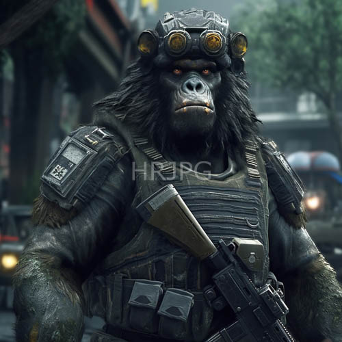anthropomorphic gorilla in military gear against muted urban street aesthetics with contrasting orange optics