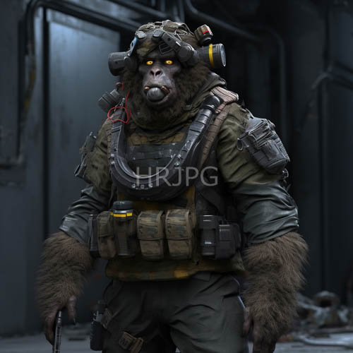 anthropomorphic ape soldier in industrial environment with contrasting textures and shadows
