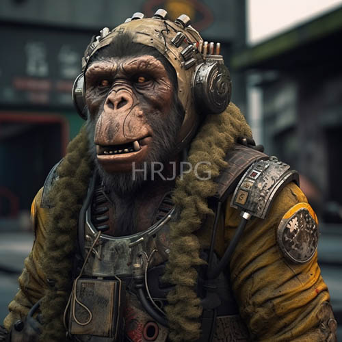 anthropomorphic ape in weathered yellowgreen armor amidst gritty urban industrial decay