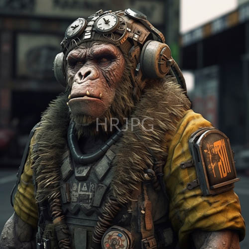 anthropomorphic apes in steampunk goggles and jackets with metal plates