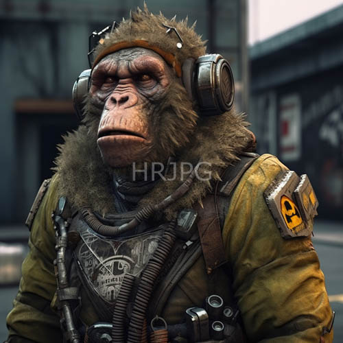 anthropomorphic ape in rugged futuristic ensemble amidst distressed urban landscape