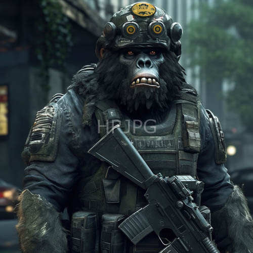 battlehardened gorilla warrior donning tactical armor amidst dystopian metropolis