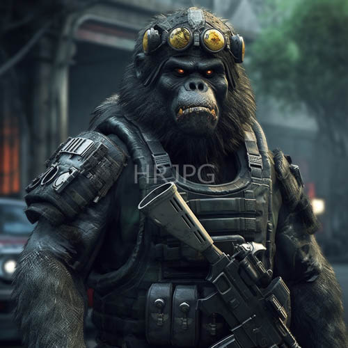urban jungle warfare gorillas outfit with rifles and glowing orange eyes in tactical gear