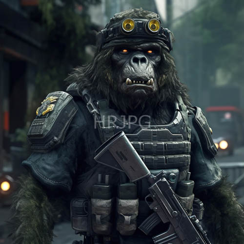 anthropomorphic ape warrior strides into fogshrouded battlefield with muscular physique and tactical gear