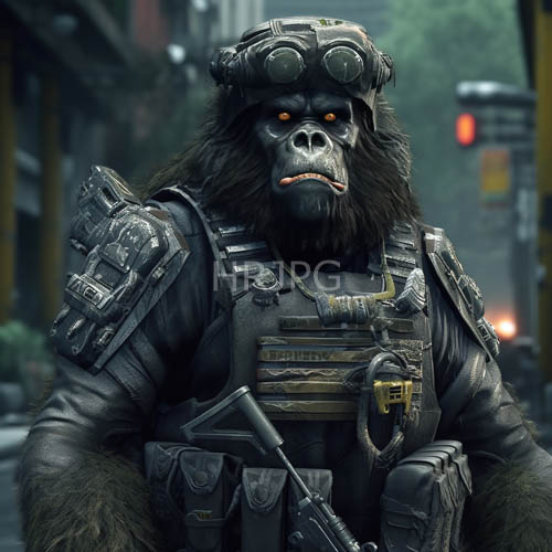 gorilla warrior advances through urban decay with rifle at chest level in tactical military armor