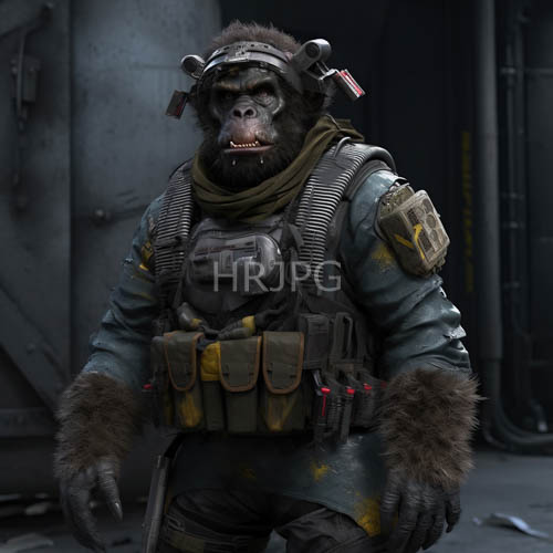 anthropomorphic ape soldier emerges from industrial ruins in futuristic warfare