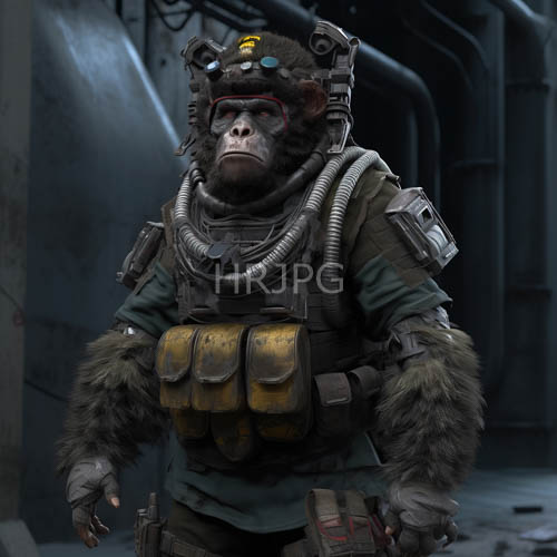 gorilla in futuristic exoskeleton illuminates monochromatic corridors with metallic armor