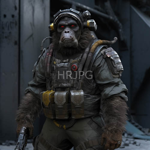 militarized gorilla soldier dominates industrial dystopian landscape with olive accents