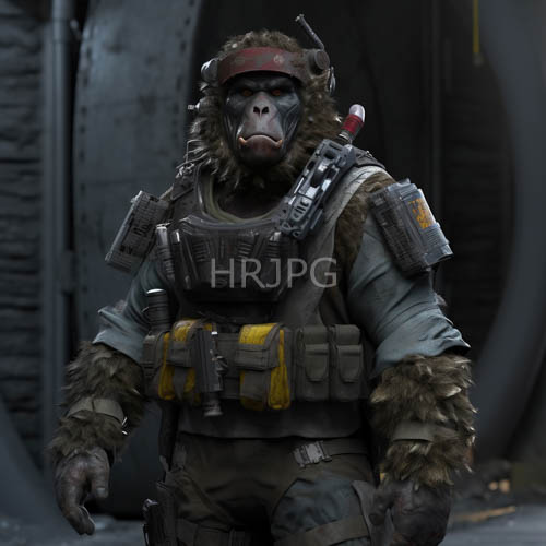 High Resolution: Anthropomorphic Ape Soldier Enhanced with Advanced Tactical Gear in Industrial Setting download. | HRJPG.com