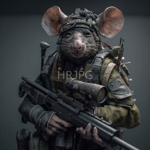 tactical rat soldier stands ready against dark gradient backdrop with precision optical scopes
