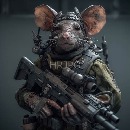 anthropomorphic mouse soldier in tactical gear amidst shadowy urban landscape