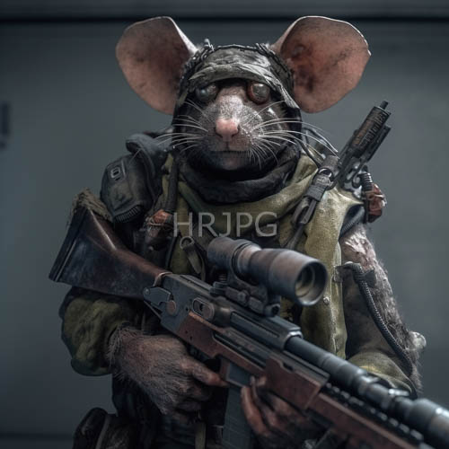 tactical rat soldier steadies sniper rifle in gray indoor setting with textured gear and vest