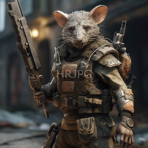 urban ruins landscape with armored rat soldier in combat readiness