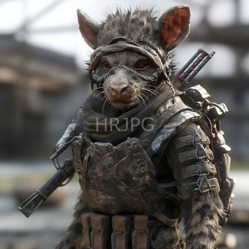 anthropomorphic rat warrior with weathered militaryinspired gear in world