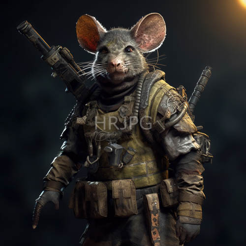 anthropomorphic rat soldier stands firm in olivegreen tactical vest under harsh spotlight effect