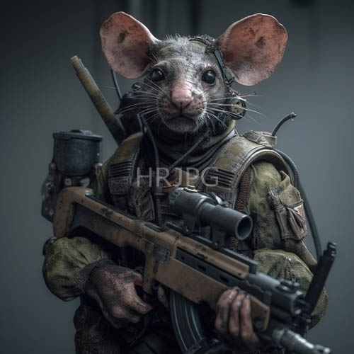 fierce anthropomorphic soldier in camouflage set against darkgray revolving matte backdrop