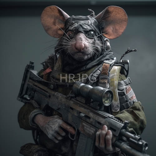 mouse soldiers intense gaze under harsh light with assault rifle texture