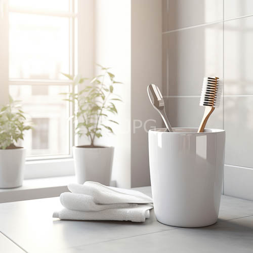 modern bathroom countertop composition featuring sleek toothbrushes and potted greenery in sunlit space