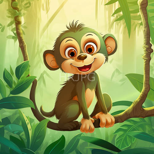 framed monkey face amidst jungle foliage texture with mischief sparkling eyes