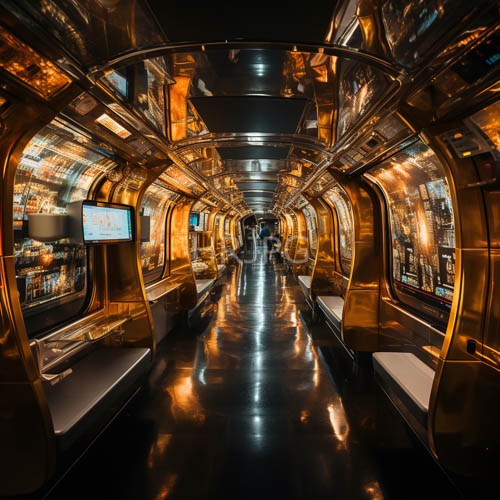 luxurious cabin interior shines with sophisticated overhead fixtures and metallic accents