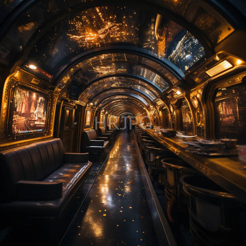 High Resolution: Urban Nightscape Mural Illuminates Train Compartment with Dark Leather and Polished Metal Accents download. | HRJPG.com