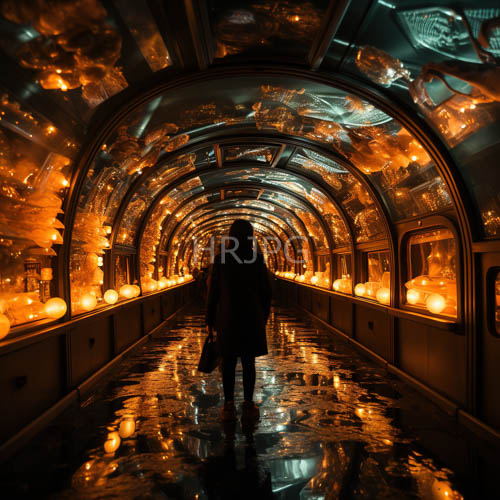 ornate lanterns line glassdomed tunnel with reflective glow on wet floor amidst urban exploration