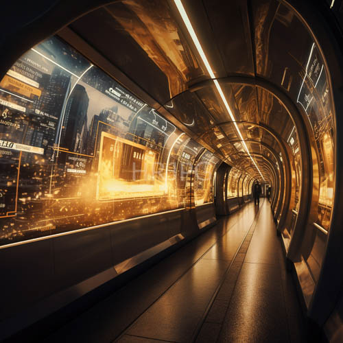 High Resolution: Futuristic Subway Station Ad Displays Pulse with Luminous Orange and Gold Hues in Curved Metallic Walls download. | HRJPG.com