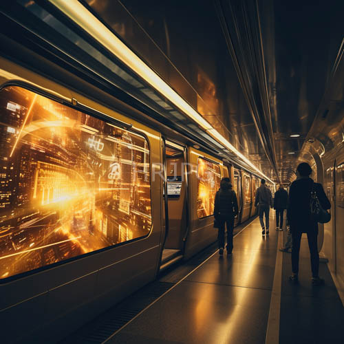 urban metropolis at night with kaleidoscopic reflections on metallic platforms and contemporary lighting