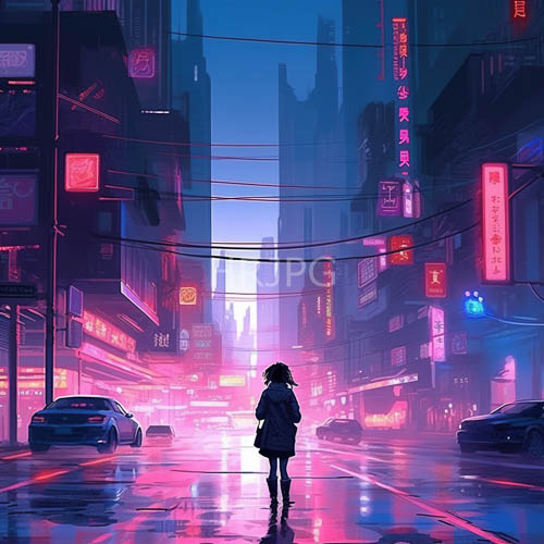 futuristic city streets under neon sway at dusk with rainy atmosphere and urban life