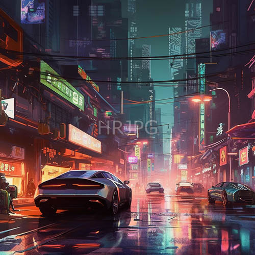 east asian futurism meets cyberpunk urbanism on a rainy neon street