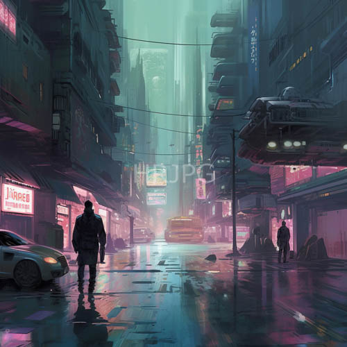 raindrenched pavement mirrors towering skyscrapers bathed in neon lights amidst nocturnal cyberpunk cityscape