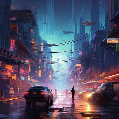 High Resolution: Futuristic Neon Cityscape with Silhouetted Figures on Rainy Boulevard download. | HRJPG.com