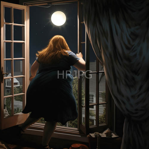 silken red hair cascades against deep cerulean dress under luminous full moonlight on suburban rooftops