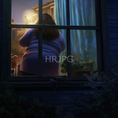 overweight woman in deep purple dress amidst potted plants in old wooden house window