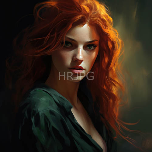 redhead with intense green eyes set against a dark background in a photorealistic style