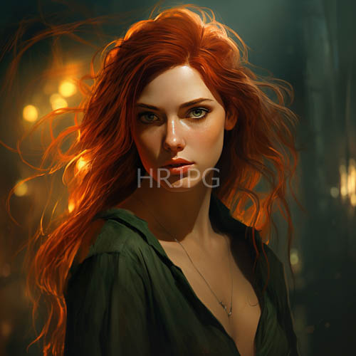 flawless fairskinned woman amidst velvety backdrop of whipping red tresses and yellow lights