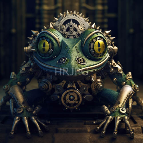 integrating mechanical gears transforms green furred robotic frogs
