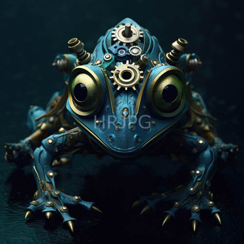 mechanical frog hybrid creature combines metallic textures with organic form in cyberpunk environment under neon lighting