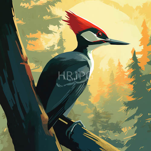 woodpeckers crimson crest illuminated against weathered forest foliage and bark